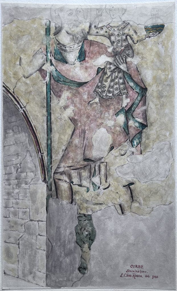 Interpretation of wallpainting 1 of St Christopher in Corby Glen Church, by Clive Rouse (1940)