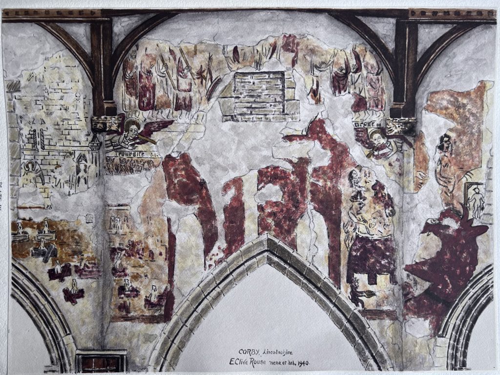 Rouse’s drawing of the 15th century Doom painting above the Chancel arch in Corby Glen Church