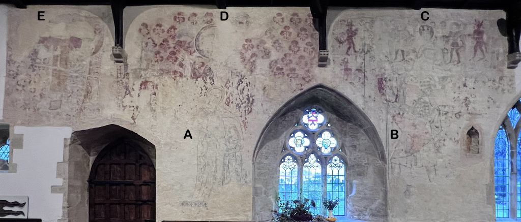 Photo showing the two layered sets of paintings on the north aisle wall