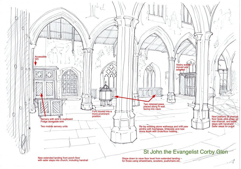 Architect’s drawing of suggested plans for the interior of Corby Glen Church